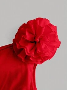 SHEIN Girlism 少女纯色花卉 3D 褶饰腰部荷叶边系带连衣裙 - 紅色 - 查看 3