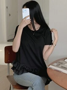 DAZY Women Asymmetrical Hem Ruffle Splice Short Sleeve T-Shirt - Black - View 7