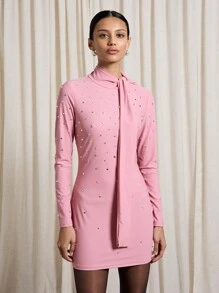 AiiRZ Embellished Neck Tie Long Sleeves Bodycon Mini Dress - Dusty Pink - View 1