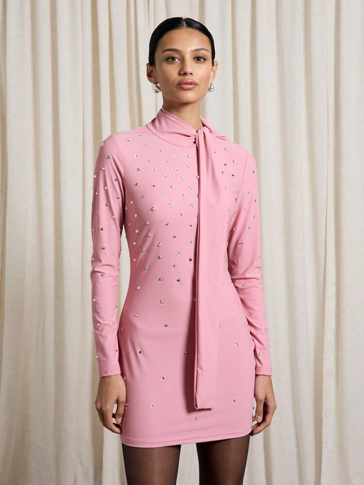 AiiRZ Embellished Neck Tie Long Sleeves Bodycon Mini Dress