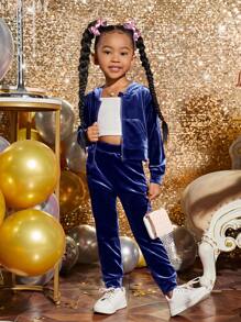 SHEIN Jong meisje mode feest fluwelen effen kleur capuchon vest set