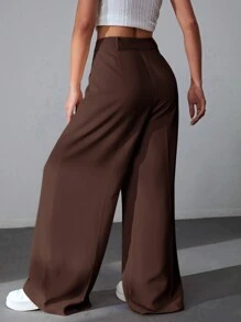 SHEIN EZwear Quần dài đơn giản màu trơn thường ngày đơn giản - màu nâu - Xem 2