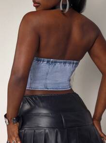 Slaydiva Women's Y2K Single-Breasted Asymmetric Hem Sexy Tube Top Denim Blouse - Blue - View 3