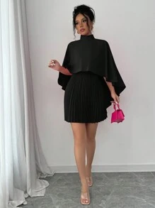 Elenzga Đầm xếp ly cổ bèo nhún thanh lịch dành cho nữ - màu đen - Xem 5