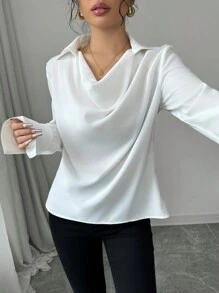 Elenzga Women's Simple Elegant Loose Draped Neck Long Sleeve Blouse - White - View 5
