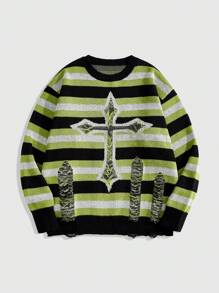 ROMWE MEN Street Life Men's Crew Neck Cross Jacquard Striped Pullover Sweater - Multicolor - View 1