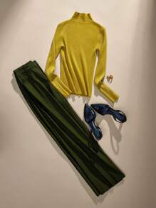 BizChic Yellow Crew Neck Long Sleeve Sweater Tee, Fashionable Women Knitwear Top, Office Wear, Thanksgiving Apparel