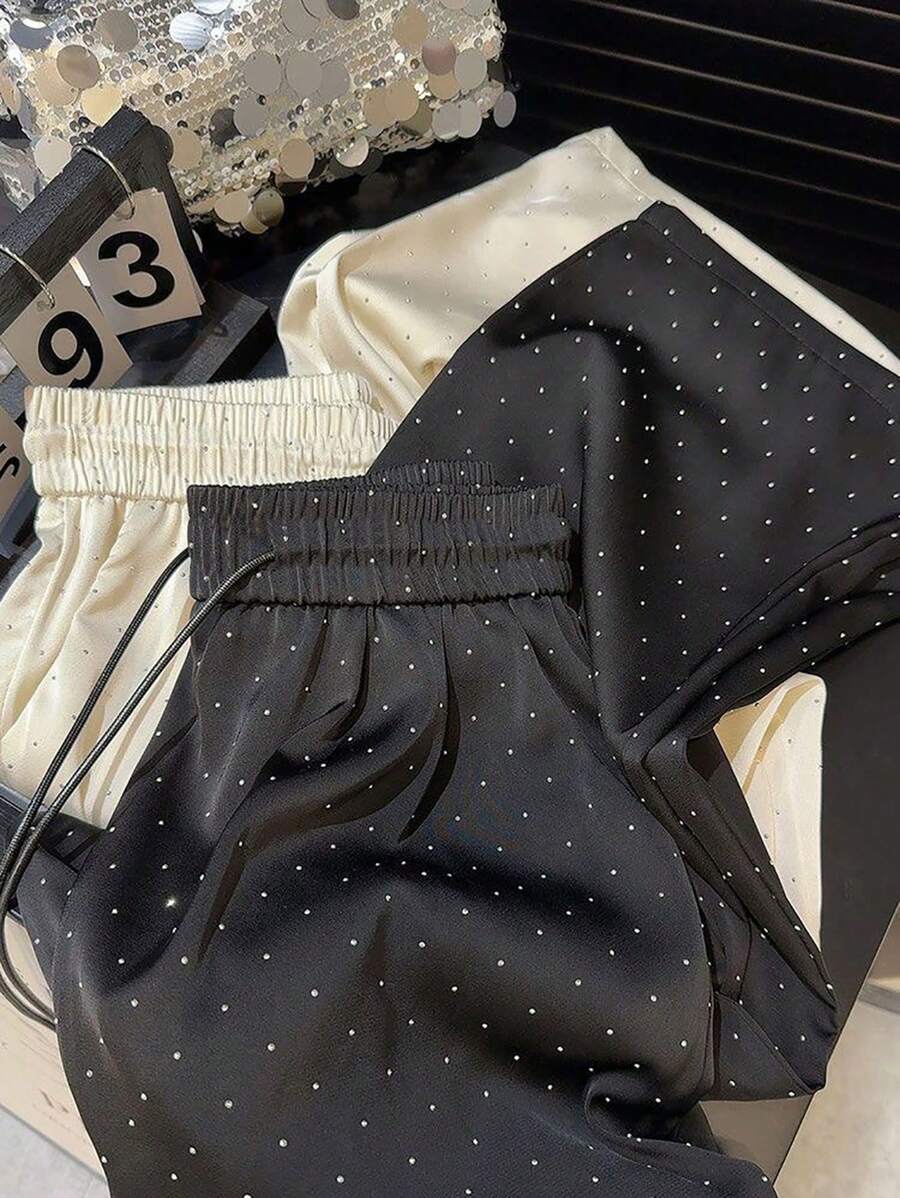 Franclia 1 pieza Pantalones de pierna recta sueltos con cintura alta, elástica y con cordón en satén con rhinestones para mujer