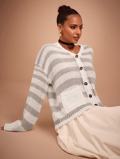 COSMINA Cárdigan informal de mujer a rayas de bloques de color, otoño/invierno