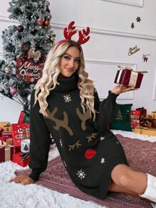 SHEIN LUNE Stylish Christmas Atmosphere European & American Deer Print Loose Casual Mid-Length Lantern Sleeve Sweater Dress, Chic Relaxed Fit - Black - View 1
