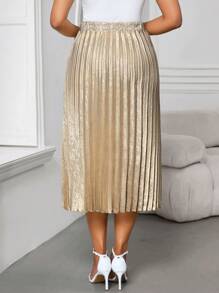 SHEIN Lady Spring And Summer Casual Elegant Boho Metallic Flowy Pleated Women's Skirt Plus Size Skirts Vacation Outfits Woman Beach Outfits For Woman Vacation Vacation Outfits Women Beach Vacation Outfits Beach Wedding Guest Skirt Spring Outfits For Women - Gold - View 2