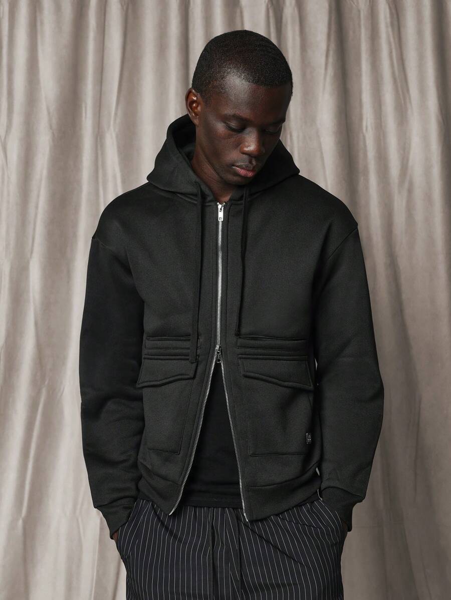 SUMWON 设计师运动全拉链连帽衫优质运动服厚重实用风格健身运动衫秋冬外套带侧袋 - 黑色 - 查看 1