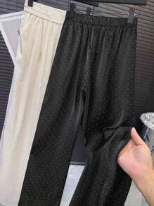 Franclia 1 pieza Pantalones de pierna recta sueltos con cintura alta, elástica y con cordón en satén con rhinestones para mujer