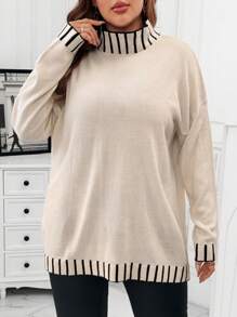 Flirla 百搭撞色条纹领套头毛衣，冬季针织套头衫 - 黑與白 - 查看 5