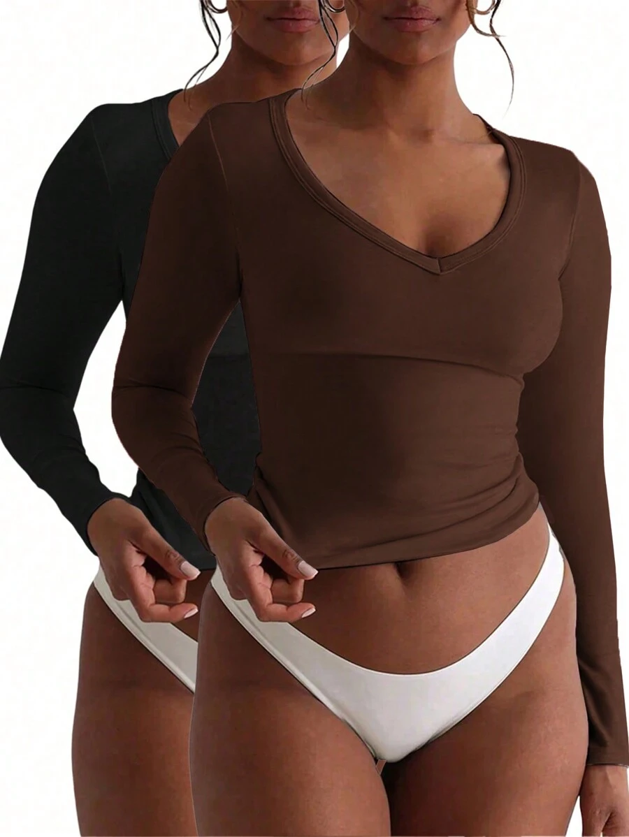 INAWLY Solva 女士纯色圆领修身休闲长袖 T 恤