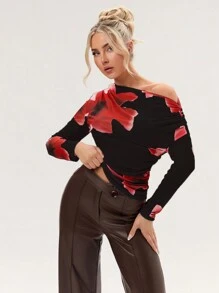 Glamine 女士花卉印花不对称领长袖时尚上衣，秋季 - 彩色 - 查看 3
