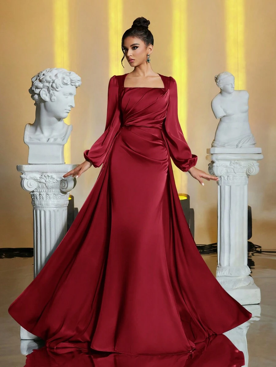 Glamrae 优雅方领灯笼袖褶饰胸围美人鱼长裙，适合所有正式场合、正式晚礼服、婚礼宾客礼服、派对礼服