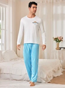 CoupledUp Conjunto de Pijama Masculino com Urso Fofo, Camiseta de Manga Longa e Calça de Cordão Listrada