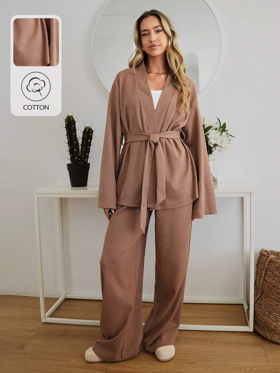 RueChic Women's Solid Color Drop Shoulder Long Sleeve Open Front Jacket And Pants Casual Loose 2 Piece Set - Camel - View 1