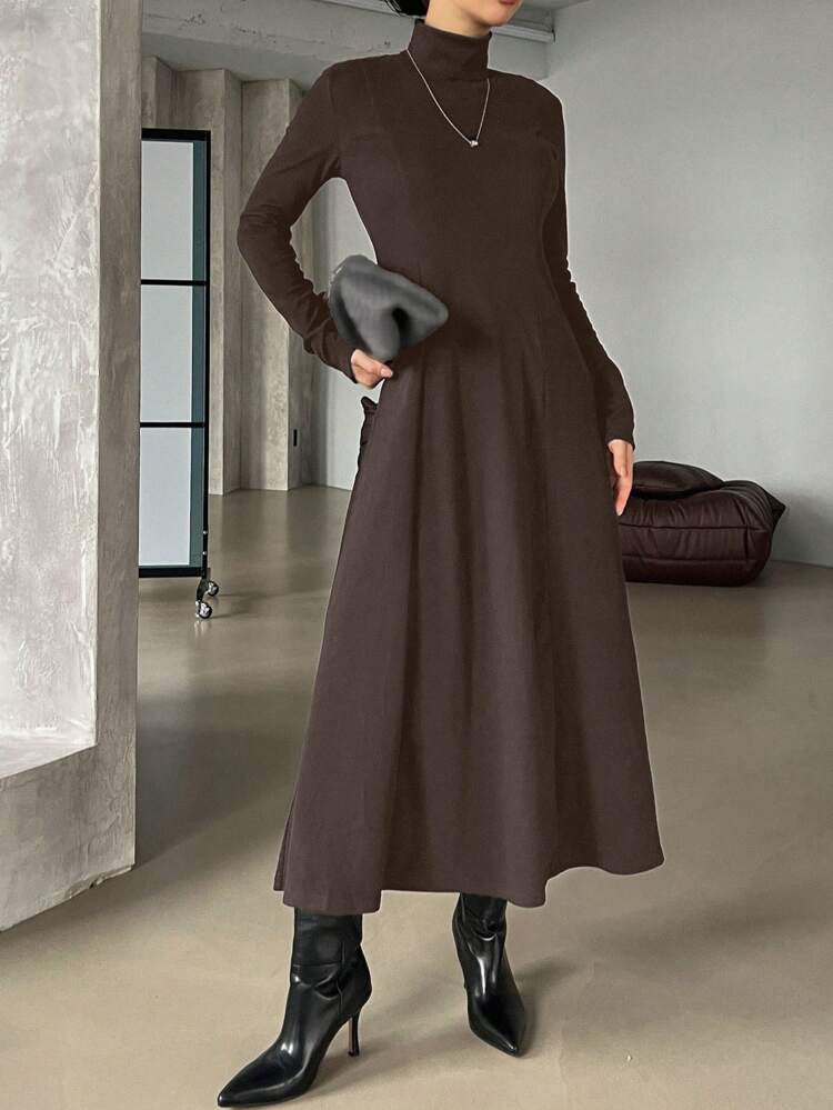 Women's High Waist Solid Color Thickened A-Line Dress,Fall Women Clothes Long Sleeve Dress