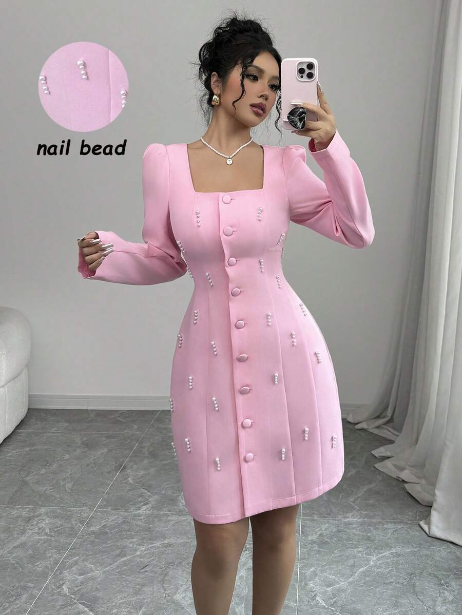 Selianne Square Neck Puff Sleeve Pearl Embellished Pink Dress Fall Cloth For Women - Pink - View 1