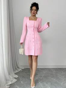 Selianne Square Neck Puff Sleeve Pearl Embellished Pink Dress Fall Cloth For Women - Pink - View 4
