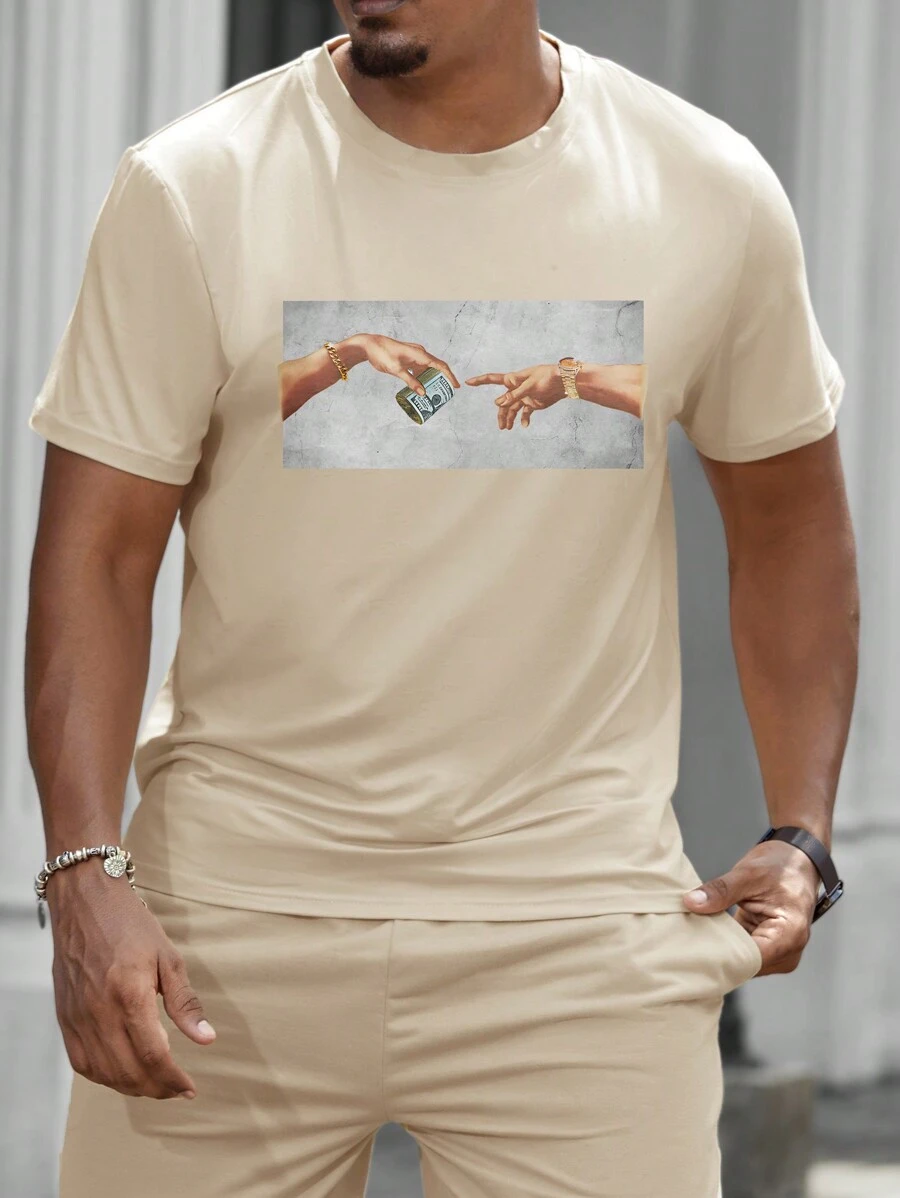 Manfinity Homme Áo thun nam cổ tròn tay ngắn in họa tiết đồ họa cỡ lớn thời trang, dùng khi đi chơi - Màu Khaki - Xem 1