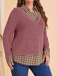 EMERY ROSE 大码格子印花休闲百搭长袖 T 恤，女士冬装 - 紅木色 - 查看 6