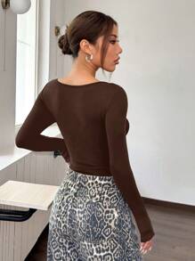 Muchica 1 bộ đồ liền thân dệt kim màu trơn cổ vuông tay dài ôm sát cho nữ - màu nâu - Xem 2