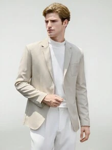 Manfinity VCAY 男士梭织拼接商务休闲风翻领长袖亚麻布西装外套适合日常搭配 - 杏色 - 查看 4