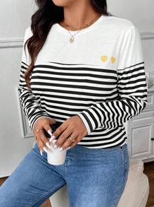 SHEIN Frenchy Áo thun tay dài thêu hình trái tim kẻ sọc cỡ lớn cho nữ - Nhiều màu - Xem 5