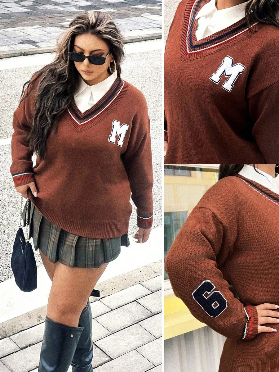 Flirla 大码秋冬英伦风撞色字母植绒宽松V领毛衣女式针织套头衫 - 咖啡棕 - 查看 1
