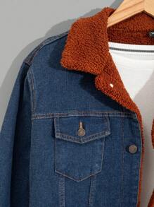 SHEIN Cottnline Men Teddy Lining Regular Denim Jacket - Blue - View 3