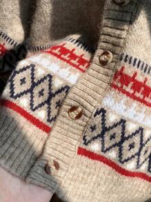 SHEIN Vintage Patterned Beige Loose Knit Cardigans For Baby Girls And Baby Boys,Cute Autumn Retro Style Soft Warm Matching Family Casual Indoor Outdoor - Brown - View 7