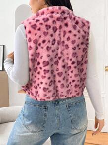 SHEIN EZwear Plus Size Leopard Print Sleeveless Jacket, Minimalist Casual Everyday Wear, For Winter Fall Autumn - Pink - View 2