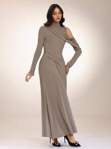 Modelyn 女士纯色立领单肩镂空长袖褶皱优雅连衣裙长款晚礼服 - 淺灰色 - 查看 6