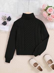 SHEIN Leap Crew Tween Girl Oversized High Neck Long Sleeve Sweater - Black - View 1