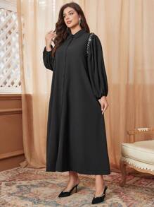 Modelyn 女士加大码穆斯林水钻装饰灯笼袖宽松休闲优雅连衣裙长款女士服装长款晚礼服 - 黑色 - 查看 5