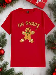 Manfinity Homme 男士可爱趣味姜饼图案红色 T 恤，休闲圣诞 T 恤 - 紅色 - 查看 2