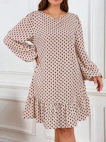 SHEIN LUNE Plus Size Women's Spring Summer Round Neck Lantern Sleeve Ruffle Hem New Years Women Outfit Dresses For Women Winter Valentine's Day Business Casual Woman Going Out,Holiday Party Dress