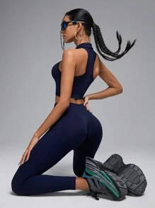 Innovista 2 件无缝罗纹支撑网状结构背部和高腰紧身裤女式运动套装、Polo V 领短款背心和健身骑行紧身裤套装、塑身弹力紧身裤短裤、网球女装、返校季、秋冬女装套装 - 藏蓝色 - 查看 9