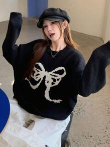 DAZY 女士圆领宽松蝴蝶结图案毛衣，秋装 - 黑色 - 查看 7