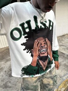 Men's Round Neck Spliced 2 In 1 Sweatshirt With African American Figure And Alphabet/Numeral Print - Multicolor - View 5