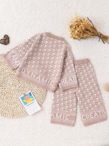 2pcs Baby Girls Sweater Co-Ords Set,Dusty Pink Knitted Houndstooth Round Neck Long Sleeve Pullover&Wide Leg Pants,Cute Autumn Outfit Matching Family - Multicolor - View 2