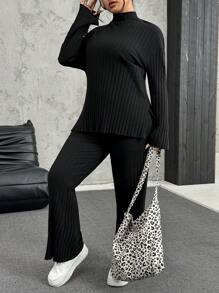 SHEIN EZwear Plus Size Solid Color Stand Collar Long Sleeve Casual Top And Pants 2 Pieces Set