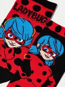 Miraculous Ladybug X SHEIN 2pcs Cartoon Figure And Polka Dot Pattern Ankle Socks Set, Women