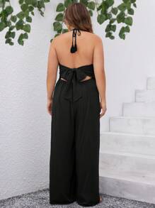 SHEIN VCAY Mono de talla grande para vacaciones con corbata de moño y tirantes - Negro - Ver 2