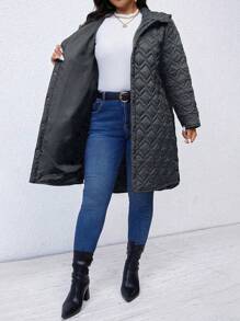 SHEIN LUNE Plus Size Casual Solid Color Hooded Jacket, Winter - Grey - View 5