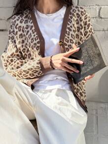 DAZY 女式豹纹落肩长袖单排扣休闲开衫，秋冬猎豹印花，秋季女装