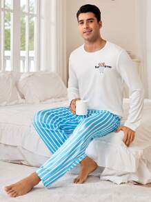 CoupledUp Conjunto de Pijama Masculino com Urso Fofo, Camiseta de Manga Longa e Calça de Cordão Listrada